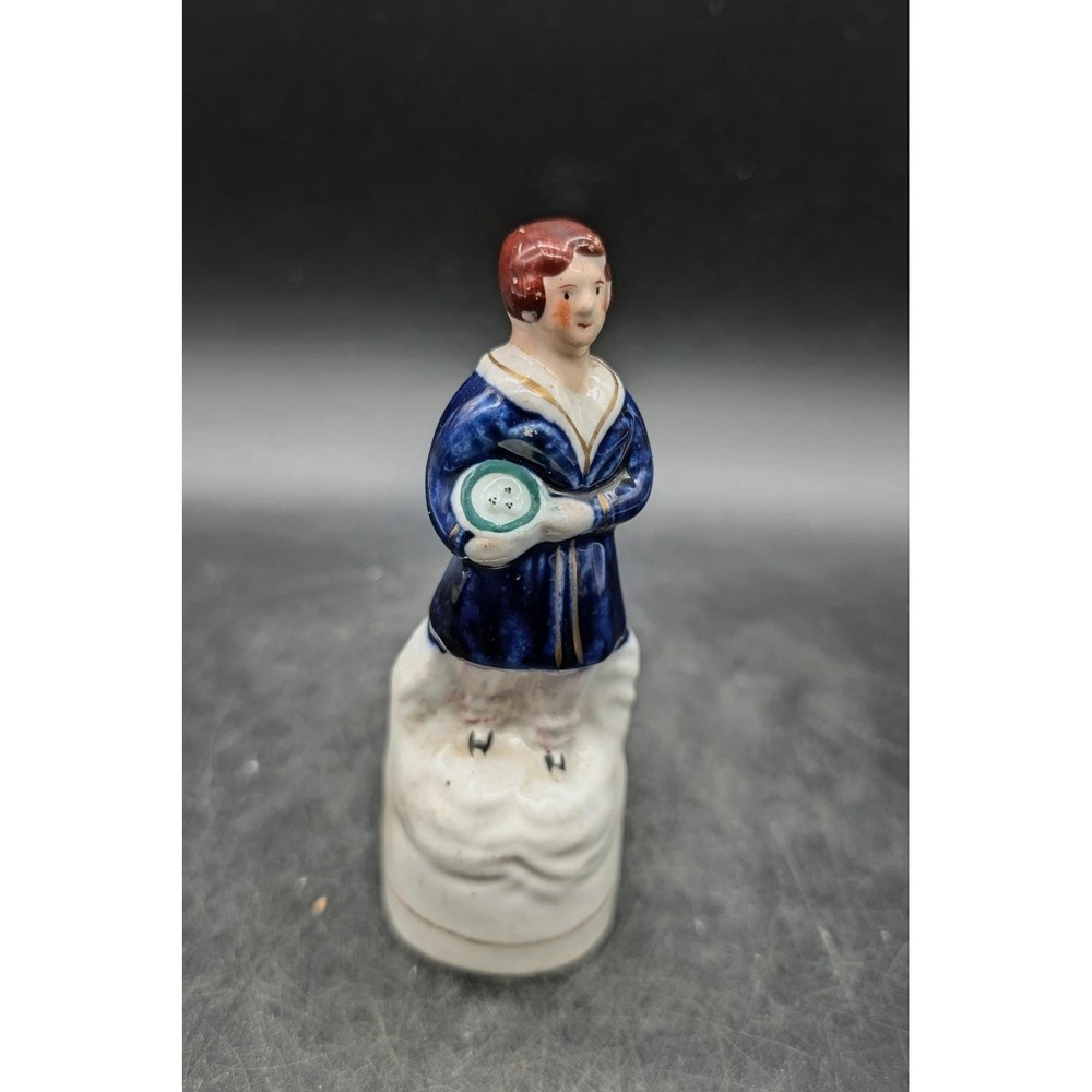 Antique Staffordshire Porcelain Sailor Woman Figurine Blue Gold Nautical 4.75"